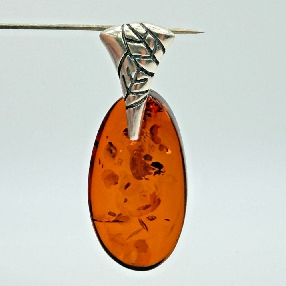 Amber Pendant Sterling Silver Large Bail 1.75 Inch Oval Natural (NO CHAIN)
